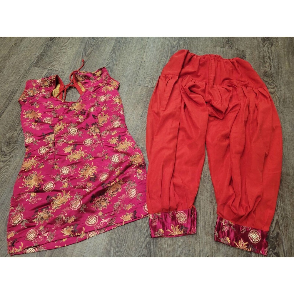 Asian Korean Chinese Traditional Red Satin-Like Small Women's Outfit Top Bottom